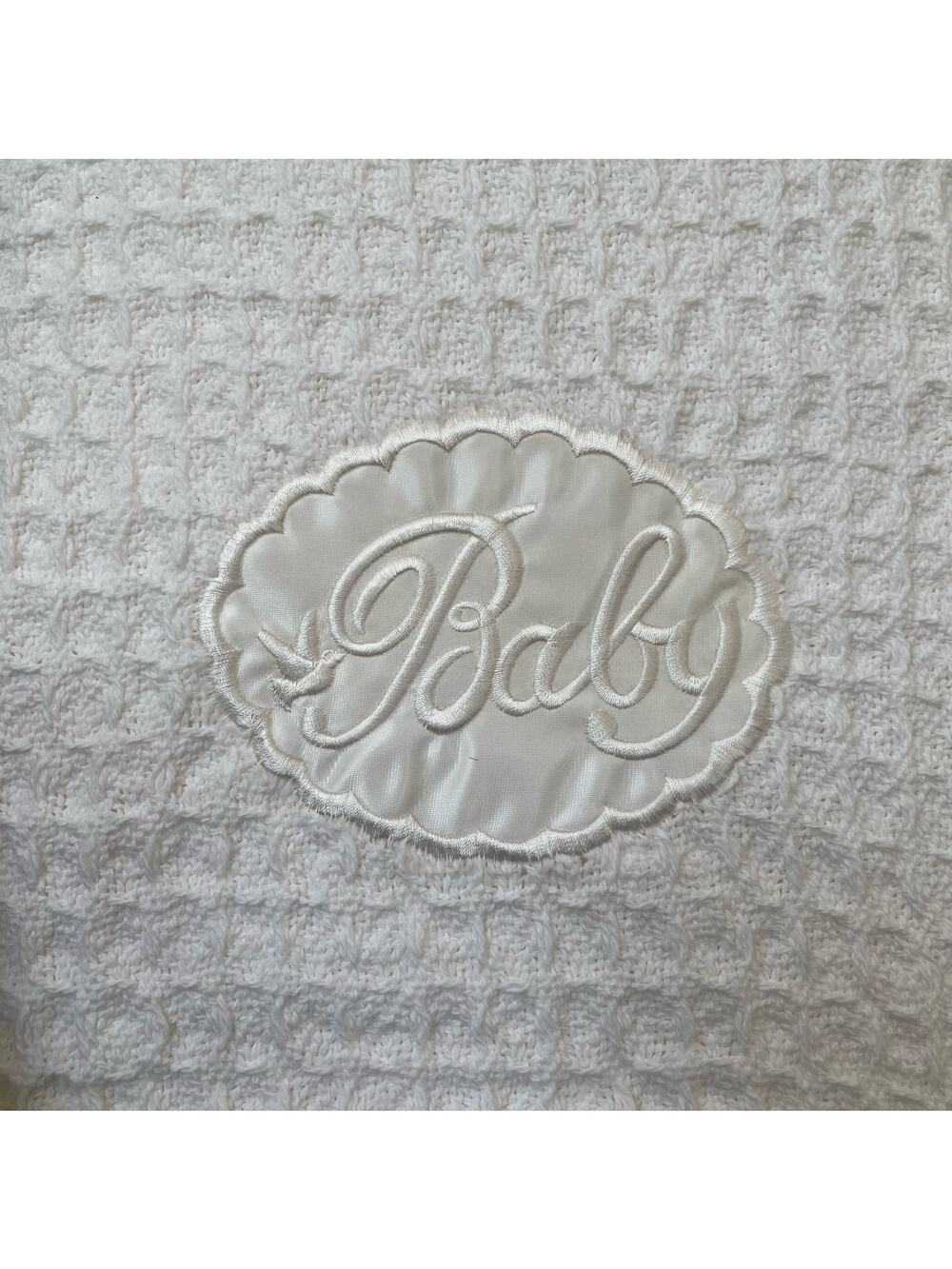 Vintage Thermal Waffle Weave Crib Blanket White Satin 'Baby' Design NOS Owen